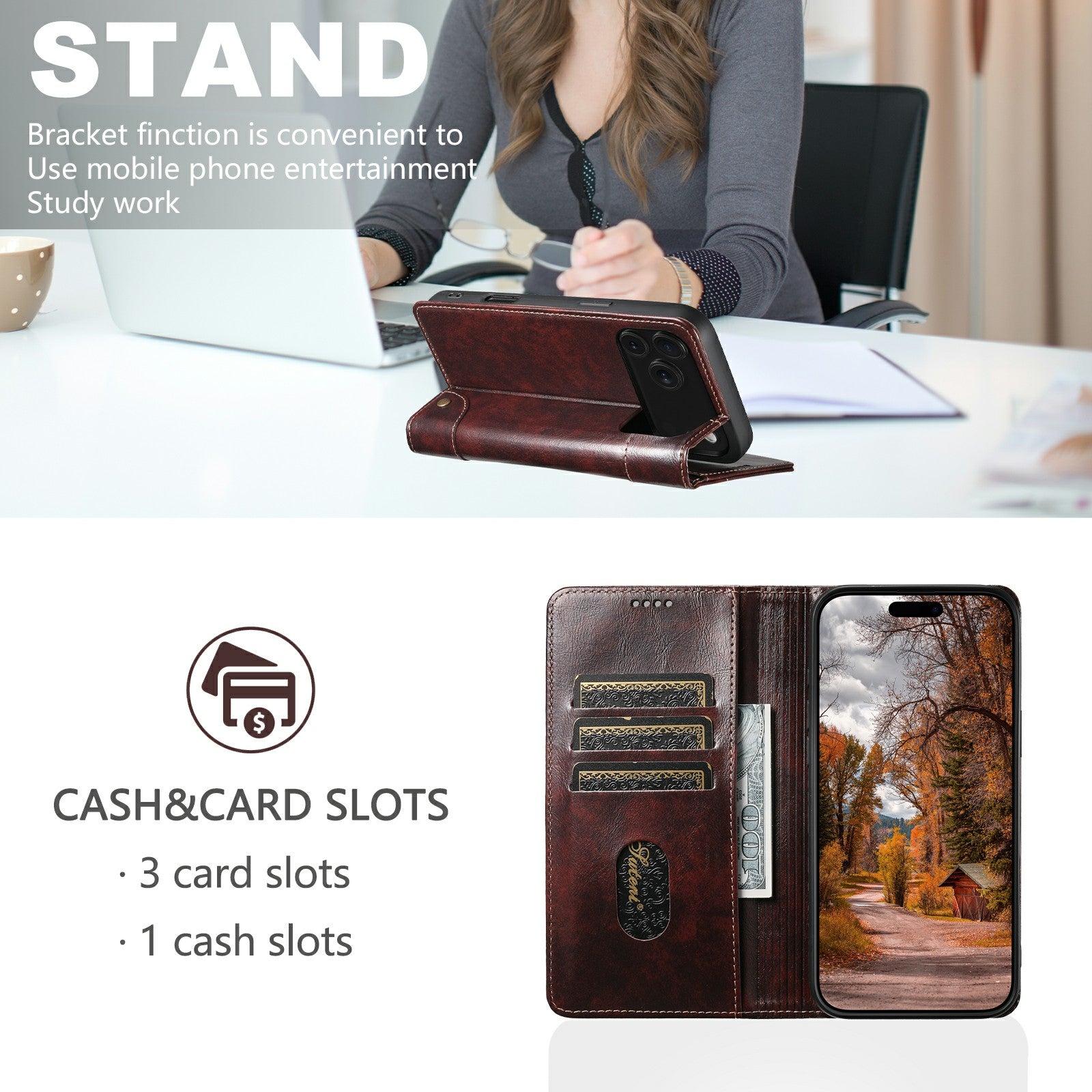 SUTENI For iPhone 17 Pro Max Case PU Leather Stand Wallet Phone Cover Brown SUTENI For iPhone 17 Pro Max Case PU Leather Stand Wallet Phone Cover Brown